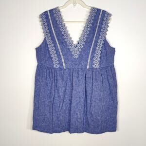 Isabel Maternity Blue Linen Blend Embroidered‎ Top L Boho Coastal